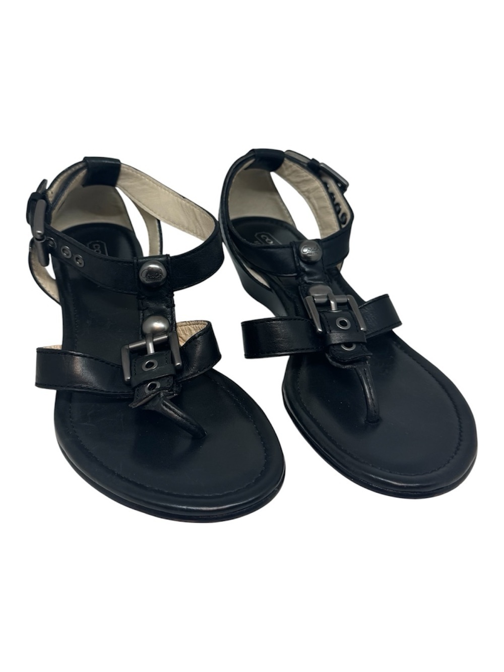 COACH Viktoria Black Leather Open Toe Thong T-Strap Wedge Sandals, Sz 7B
